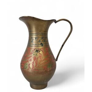 Vintage Brass Etched Pitcher Ewer Floral Enamel Painted Vase Boho Eclectic Decor